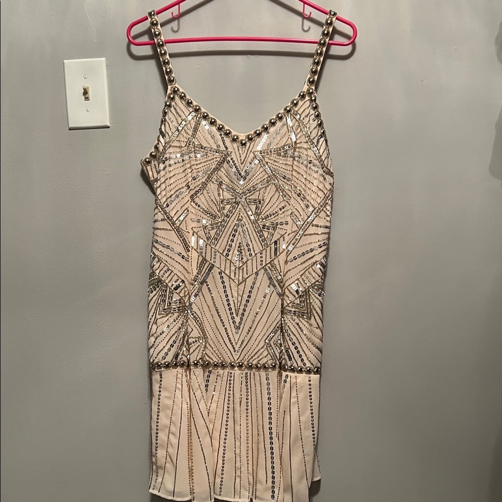 Parker Beige and Gold Beaded Mini Dress